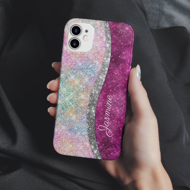 Cute iridescent pink silver faux glitter monogram Case-Mate iPhone case (Creator Uploaded)
