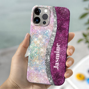 Cute iridescent pink silver faux glitter monogram iPhone 15 case