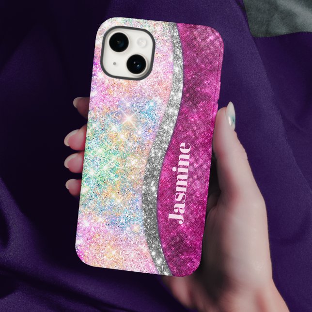 Cute iridescent pink silver faux glitter monogram Case-Mate iPhone case (Creator Uploaded)