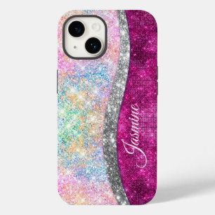Cute iridescent pink silver faux glitter monogram Case-Mate iPhone 14 case