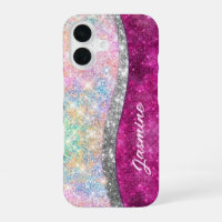 Cute iridescent pink silver faux glitter monogram