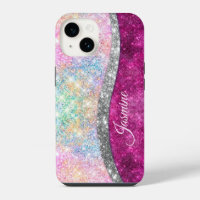 Cute iridescent pink silver faux glitter monogram