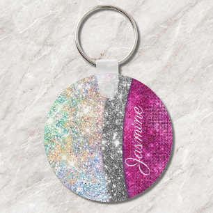 Cute iridescent pink silver faux glitter monogram keychain