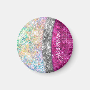 Cute iridescent pink silver faux glitter monogram magnet