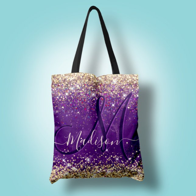 Cute iridescent purple gold faux glitter monogram tote bag (Creator Uploaded)