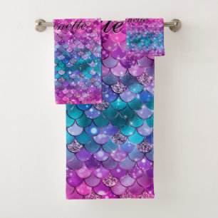 Cute Iridescent Purple Mermaid Faux Glitter Bath Towel Set