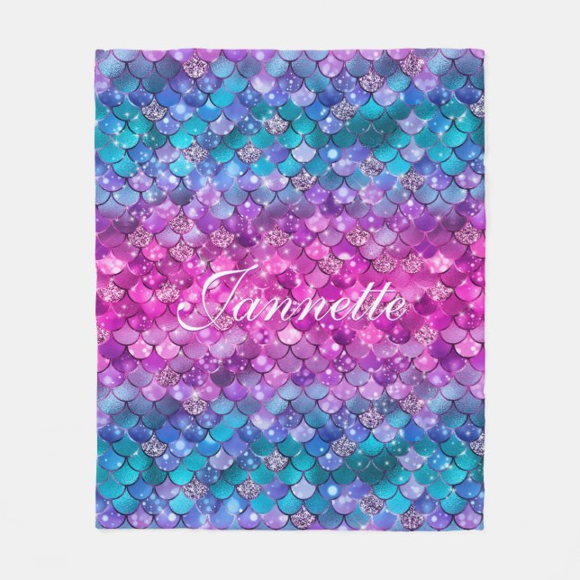 Cute Iridescent Purple Mermaid Faux Glitter Fleece Blanket (Front)