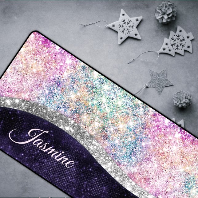 Cute iridescent purple silver  glitter monogram desk mat (Creator Uploaded)