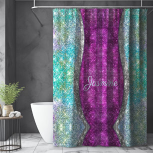 Cute iridescent purple teal faux glitter monogram