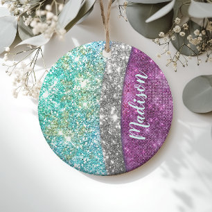 Cute iridescent purple teal faux glitter monogram ceramic ornament
