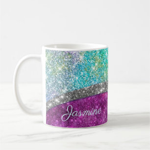 Cute iridescent purple teal faux glitter monogram coffee mug