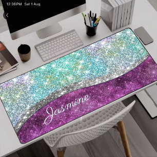 Cute iridescent purple teal faux glitter monogram desk mat