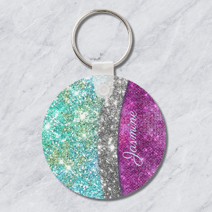 Cute iridescent purple teal faux glitter monogram keychain