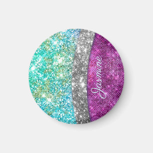 Cute iridescent purple teal faux glitter monogram magnet