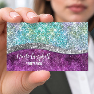 Cute iridescent purple teal faux glitter monogram Magnetic business card