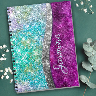 Cute iridescent purple teal faux glitter monogram notebook