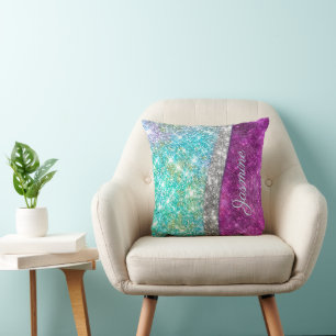 Cute iridescent purple teal faux glitter monogram throw pillow