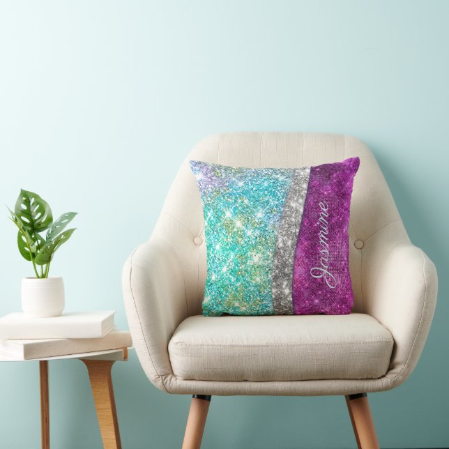 Cute iridescent purple teal faux glitter monogram throw pillow (Chair)