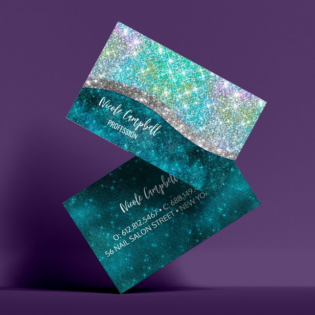 Cute iridescent turquoise faux glitter monogram business card (Creator Uploaded)