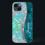 Cute iridescent turquoise faux glitter monogram iPhone 13 case<br><div class="desc">Pretty chic and elegant girly silver and iridescent faux glitter in unicorn, rainbow, teal, aqua, turquoise and green colours to create a cute unique girly case to protect your device. Beautiful, modern and cool cover for the trend-savvy and art-loving hip trendsetter. This stylish beautiful design would be great for girls...</div>