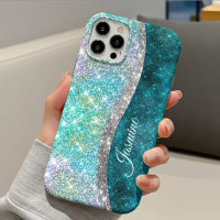 Cute iridescent turquoise faux glitter monogram