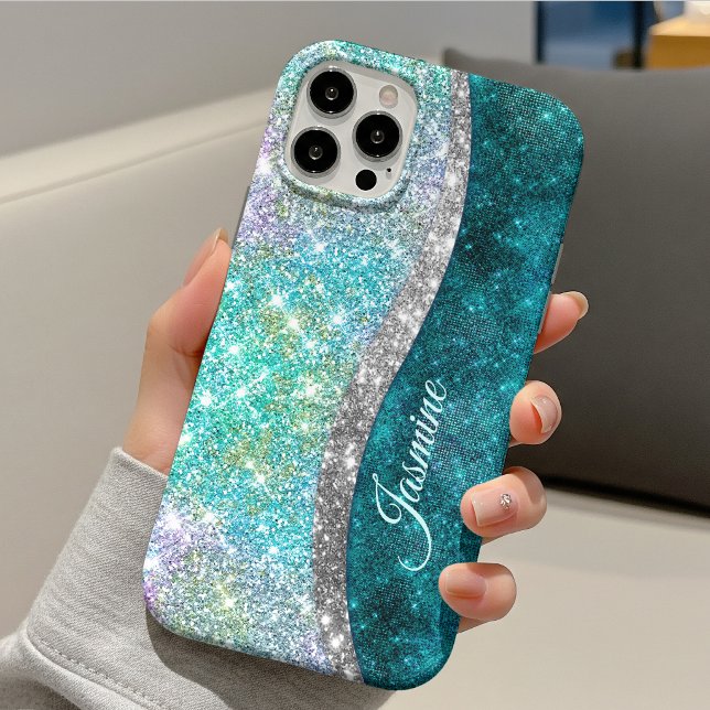 Cute iridescent turquoise faux glitter monogram iPhone case (Creator Uploaded)