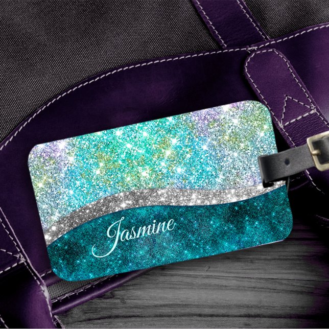 Cute iridescent turquoise faux glitter monogram luggage tag (Creator Uploaded)