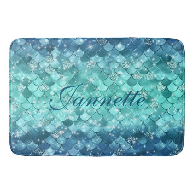 Cute Iridescent Turquoise Mermaid Faux Glitter Bath Mat (Front)