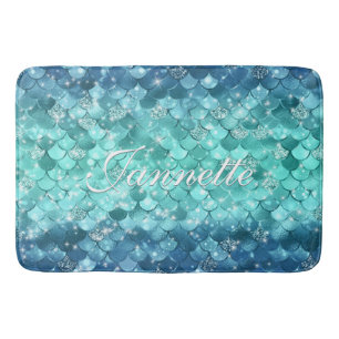 Cute Iridescent Turquoise Mermaid Faux Glitter Bath Mat