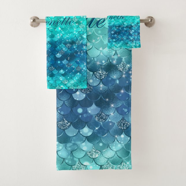 Cute Iridescent Turquoise Mermaid Faux Glitter Bath Towel Set (Insitu)