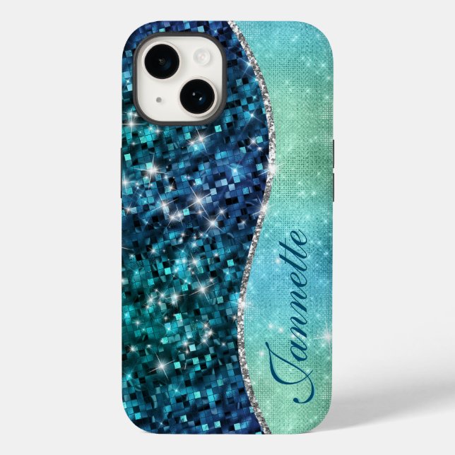Cute Iridescent Turquoise Mermaid Faux Glitter Case-Mate iPhone Case (Back)