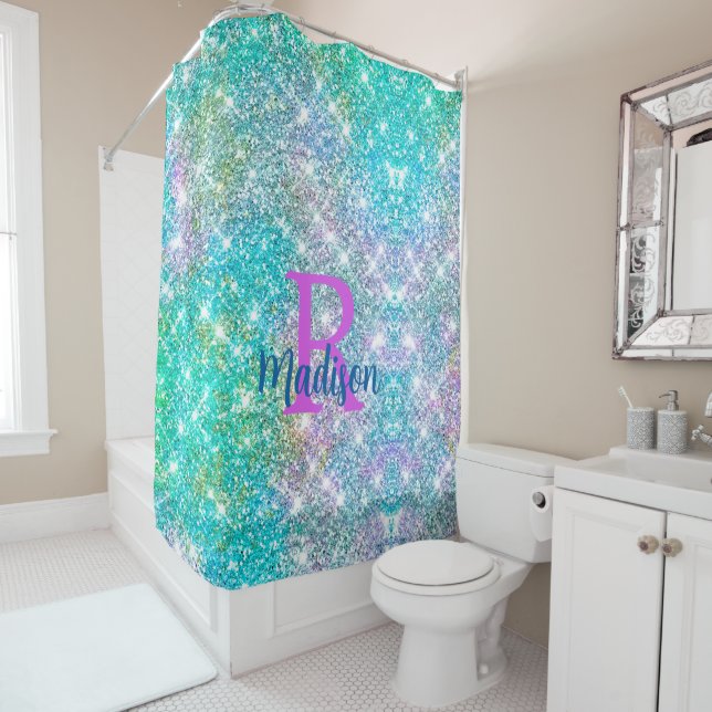 Cute iridescent unicorn blue faux glitter monogram (In Situ)