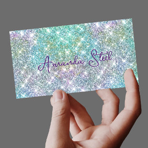 Cute iridescent unicorn blue faux glitter monogram business card