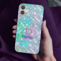 Cute iridescent unicorn blue faux glitter monogram