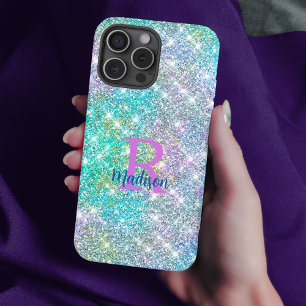 Cute iridescent unicorn blue faux glitter monogram iPhone 16 pro case
