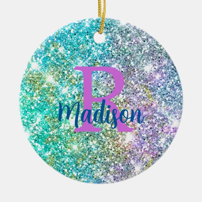 Cute iridescent unicorn blue faux glitter monogram ceramic ornament (Front)