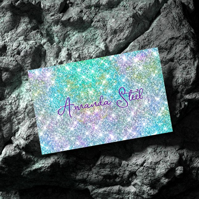 Cute iridescent unicorn blue faux glitter monogram 	Magnetic business card (Creator Uploaded)