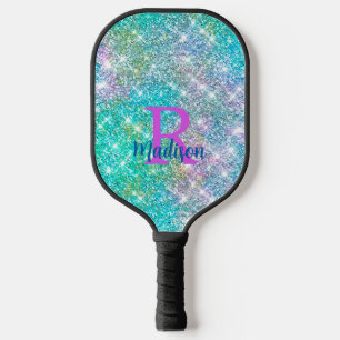 Cute iridescent unicorn blue faux glitter monogram pickleball paddle