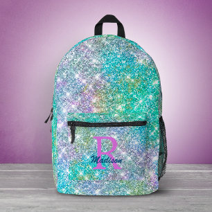 Cute iridescent unicorn blue faux glitter monogram printed backpack