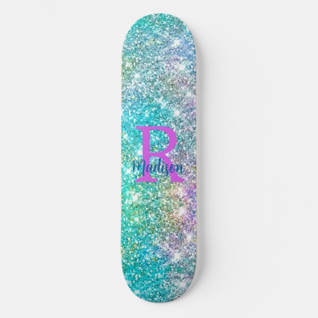 Cute iridescent unicorn blue faux glitter monogram skateboard (Front)