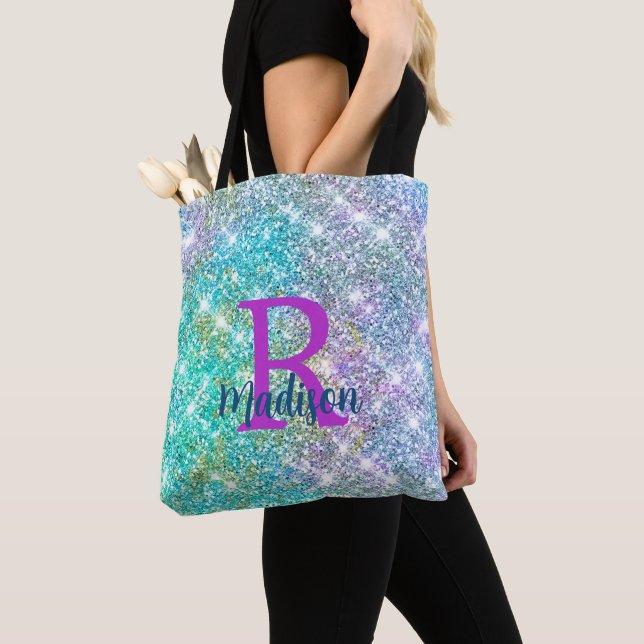Cute iridescent unicorn blue faux glitter monogram tote bag (Close Up)
