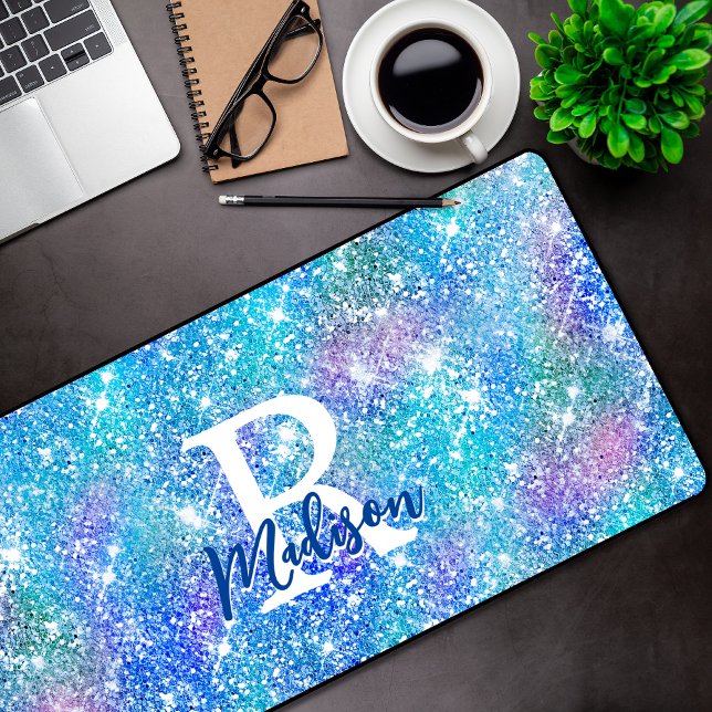 Cute iridescent unicorn blue pink glitter monogram desk mat (Creator Uploaded)