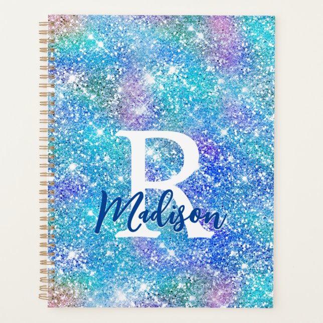 Cute iridescent unicorn blue pink glitter monogram planner (Front)