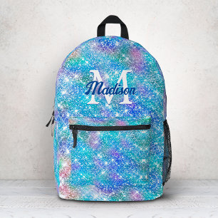Cute iridescent unicorn blue pink glitter monogram printed backpack