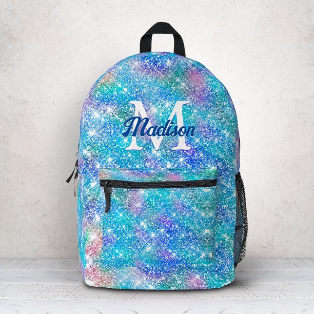 Cute iridescent unicorn blue pink glitter monogram printed backpack (Creator Uploaded)