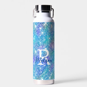 Cute iridescent unicorn blue pink glitter monogram water bottle