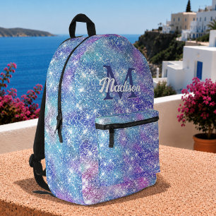 Cute iridescent unicorn blue purple glitter  printed backpack