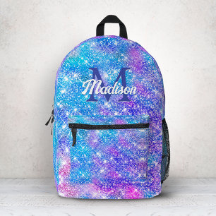 Cute iridescent unicorn blue purple glitter printed backpack
