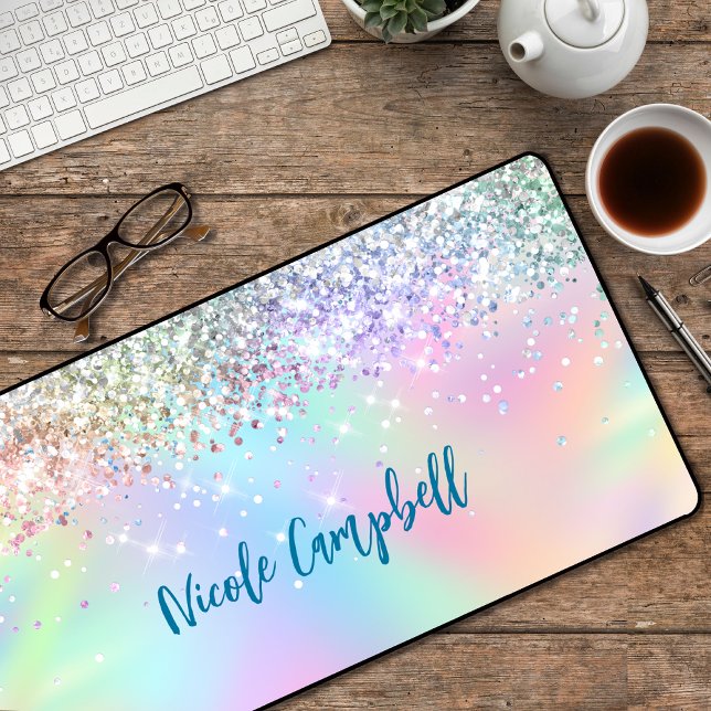 Cute iridescent unicorn faux glitter business card desk mat (Creator Uploaded)