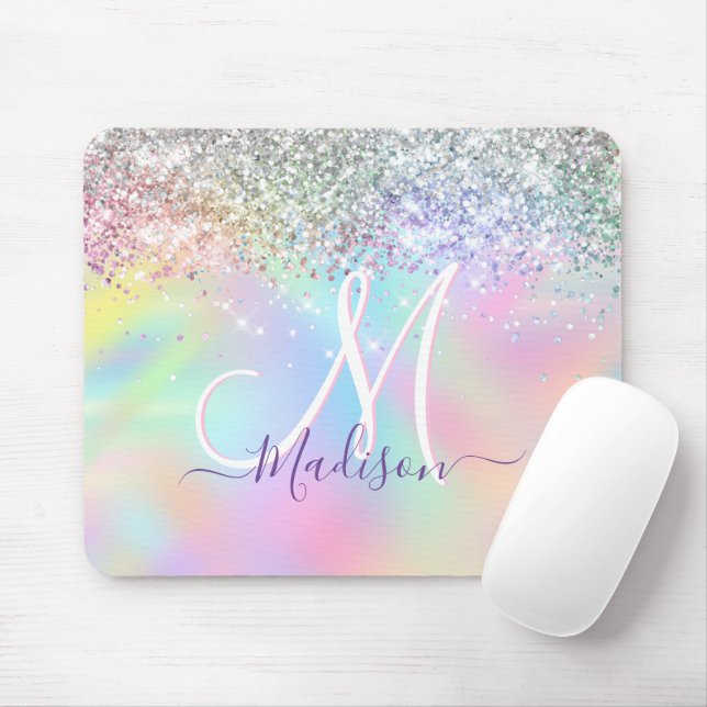 Cute iridescent unicorn faux glitter monogram mouse pad (With Mouse)